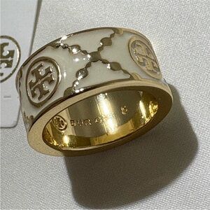 Tory Burch Gold and Cream Logo Ring